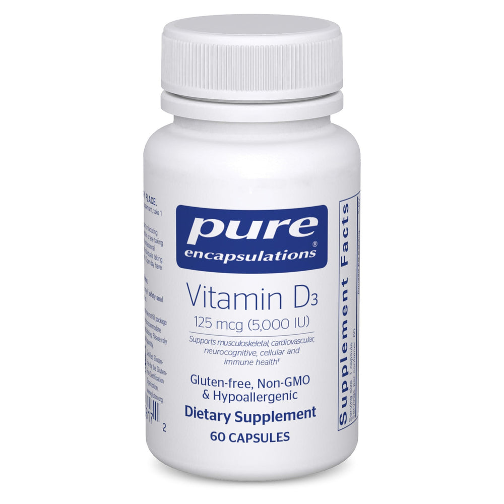Pure Encapsulations Vitamin D3 bottle front showing 5,000 IU per serving for daily bone support
