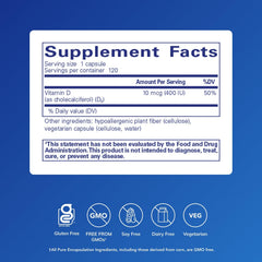 Closeup of Pure Encapsulations Vitamin D3 label showing hypoallergenic formula