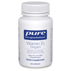 Pure Encapsulations Vitamin D3 Vegan bottle promotes daily bone and immune health support.