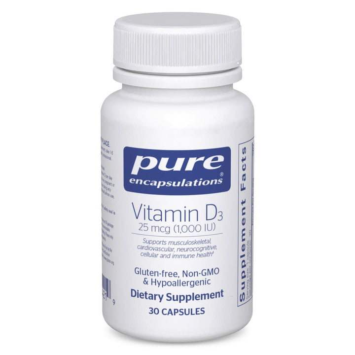 Pure Encapsulations Vitamina D3 botella, apoyo diario a la salud ósea.