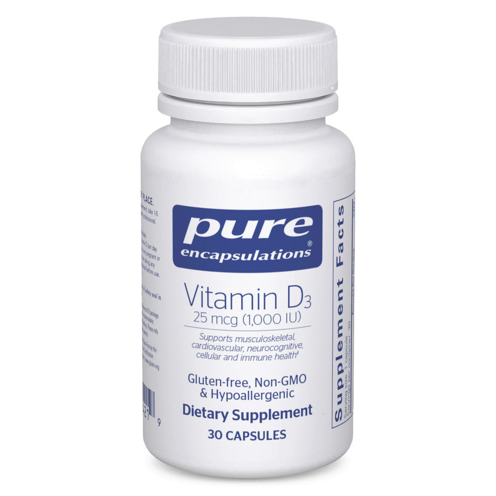 Pure Encapsulations Vitamina D3 botella, apoyo diario a la salud ósea.
