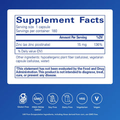 Close-up of Pure Encapsulations Zinc capsules highlighting zinc picolinate form for bioavailability