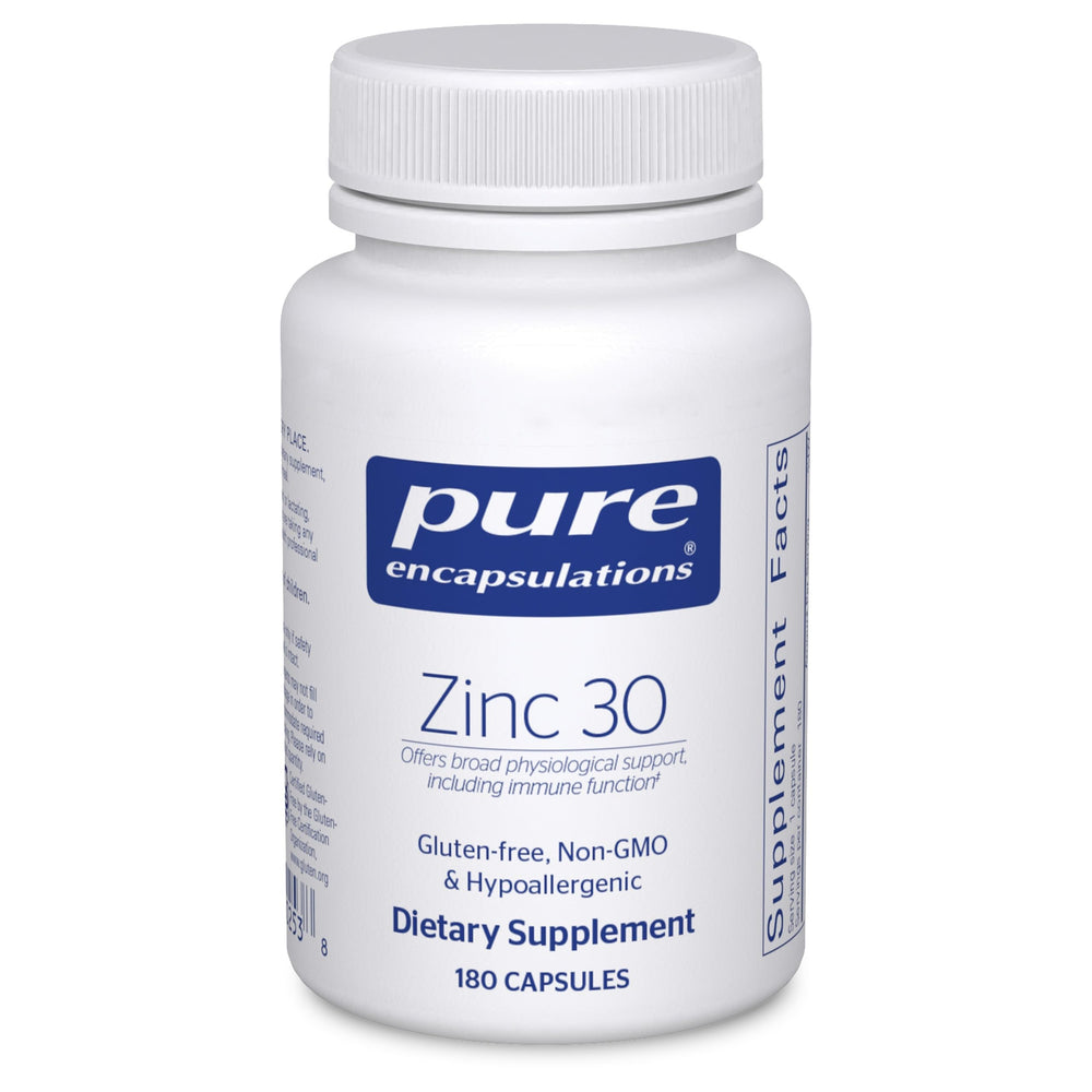Pure Encapsulations Zinc 30mg bottle for daily immune support potential.