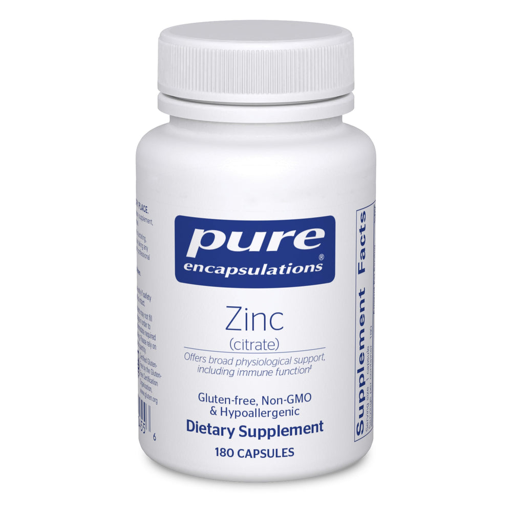 Pure Encapsulations Zinc citrate bottle-front with clear dosage for daily use