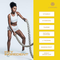 PURE Energy Drink Mix tub with ingredients label features organic wheatgrass