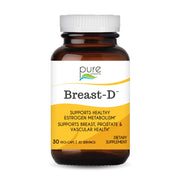 Pure Essence Breast-D bottle front shows soft capsules that may support hormonal balance.