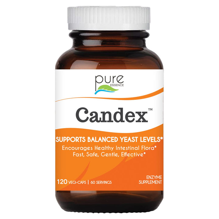 Pure Essence Candex bottle close-up highlighting premium packaging for gut balance.