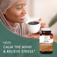 Pure Essence Labs MyPure Reishi capsules closeup suggesting daily energy and focus support