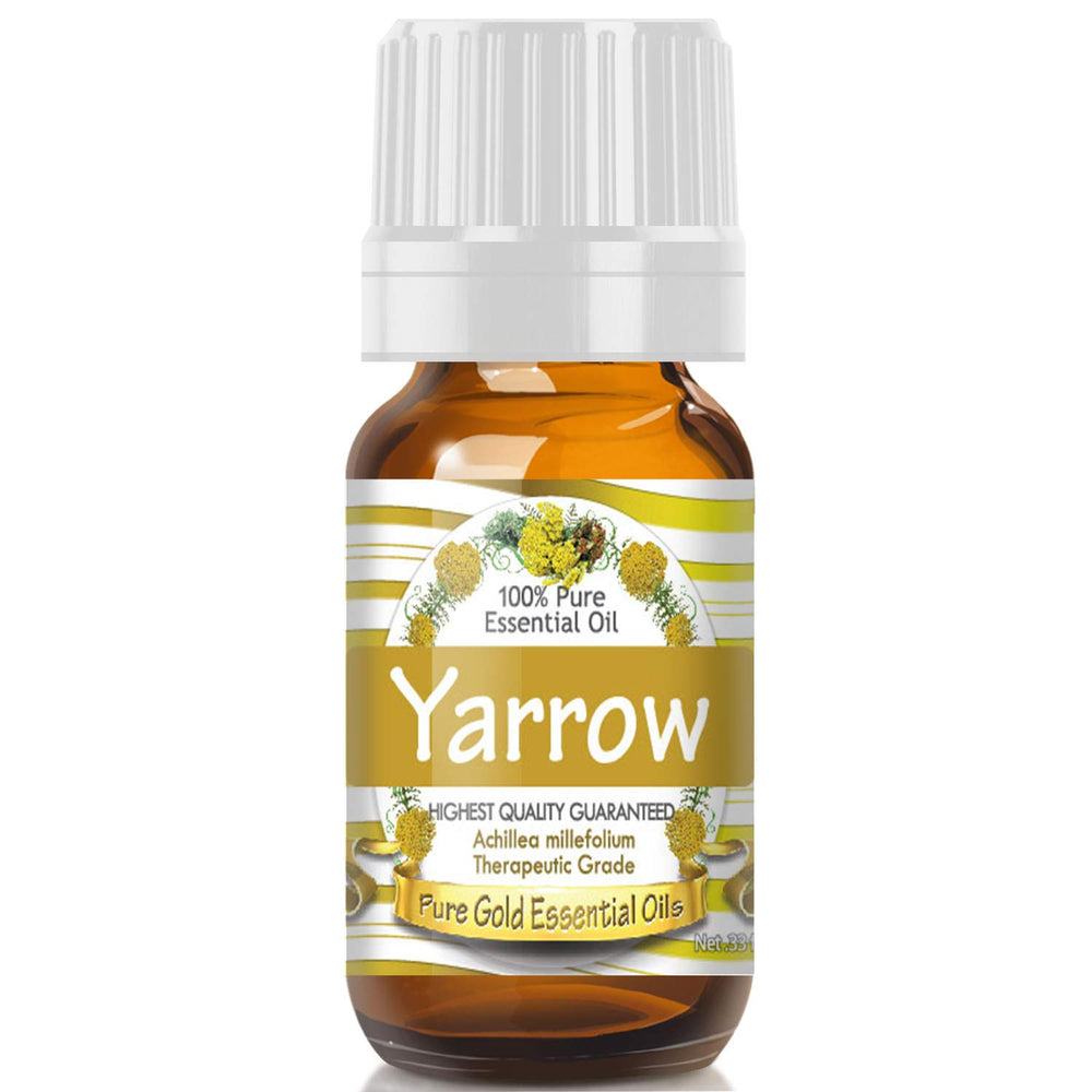 Pure Gold Yarrow Essential Oil in a 10ml bottle with dropper for skin care and blends.