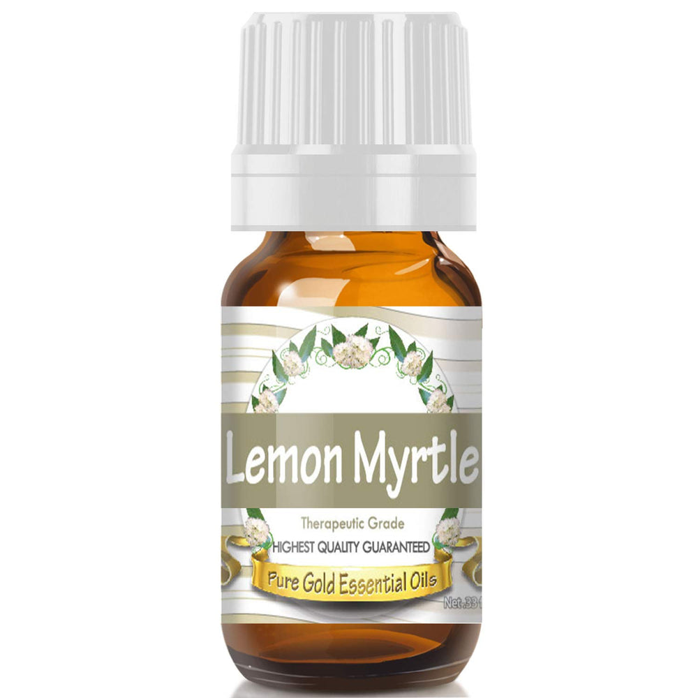 Pure Gold Lemon Myrtle essential oil bottle with dropper for aromatherapy and DIY blends