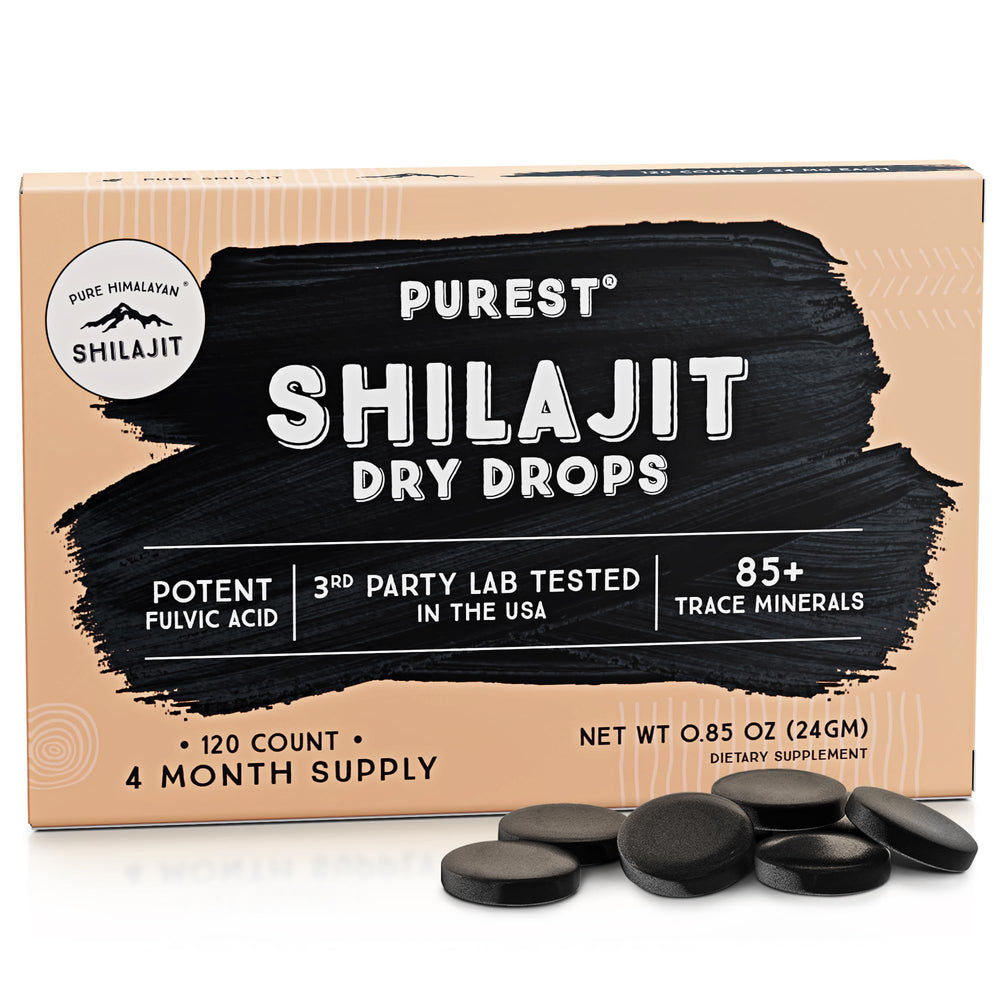 Pure Himalayan Shilajit Dry Drops bottle closeup highlighting premium mineral blend for daily vitality.