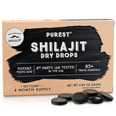 Pure Himalayan Shilajit Dry Drops bottle closeup highlighting premium mineral blend for daily vitality.