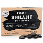 Pure Himalayan Shilajit Dry Drops bottle closeup highlighting premium mineral blend for daily vitality.