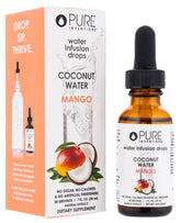 Pure Inventions Coconut Water Mango bottle showcases refreshing, calorie-free hydration with natural flavor.