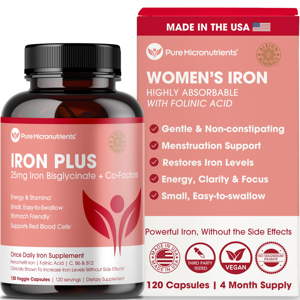 Pure Micronutrients iron bisglycinate 25mg bottle for gentle iron support