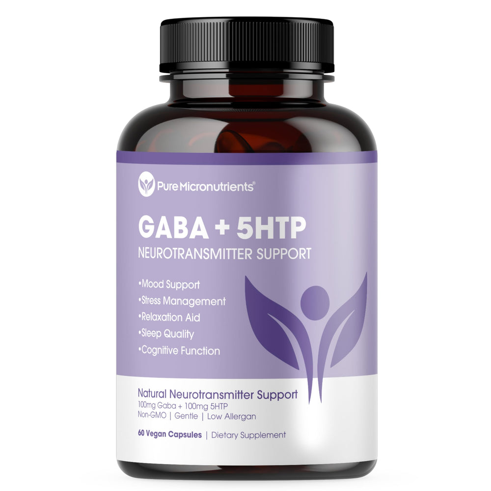 Pure Micronutrients Pure 5-HTP GABA sleep capsules in bottle for nightly rest.