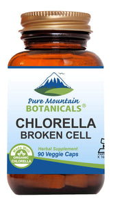 Pure Mountain Botanicals broken cell wall chlorella capsules packaging for convenient greens.