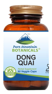 Pure Mountain Botanicals Dong Quai capsules bottle with clean label for vegan, kosher use.