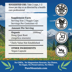 Close-up of Pure Mountain Botanicals Dong Quai capsules highlighting easy-to-swallow form.