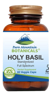 Pure Mountain Botanicals holy basil capsules closeup shows clean additive-free formula