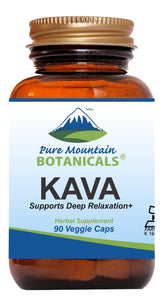 Pure Mountain Botanicals kava capsules bottle close-up for daily relaxation