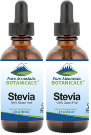 Pure Mountain Botanicals Liquid Stevia Drops bottle for sugar-free flavor in coffee.
