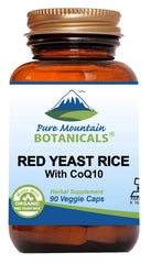 Pure Mountain Botanicals red yeast rice with CoQ10 bottle — clean organic formula for daily wellness.