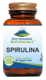 Pure Mountain Botanicals spirulina capsules on bottle front for daily vitality