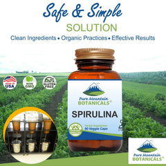 Pure Mountain Botanicals spirulina capsules closeup emphasizes portable daily supplement