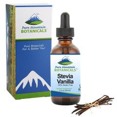 Pure Mountain Botanicals Vanilla Stevia Drops glass container on a kitchen counter
