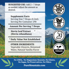 Pure Mountain Botanicals Vanilla Stevia Drops label with kosher and vegan badges