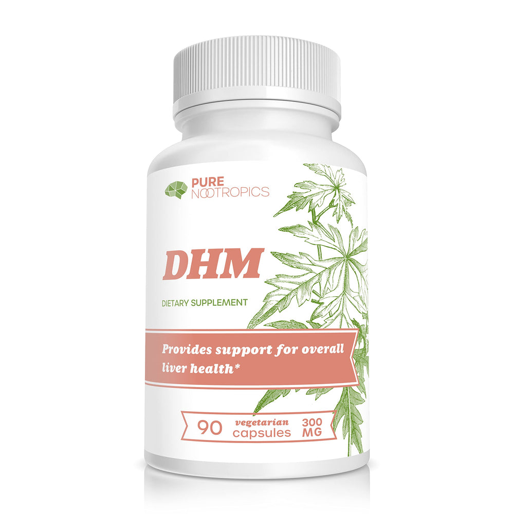 Pure Nootropics DHM capsules pack shot highlighting after-party support