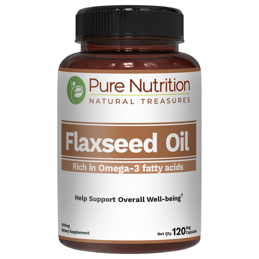 Pure Nutrition Flaxseed Oil bottle with 120 vegan capsules for daily wellness.