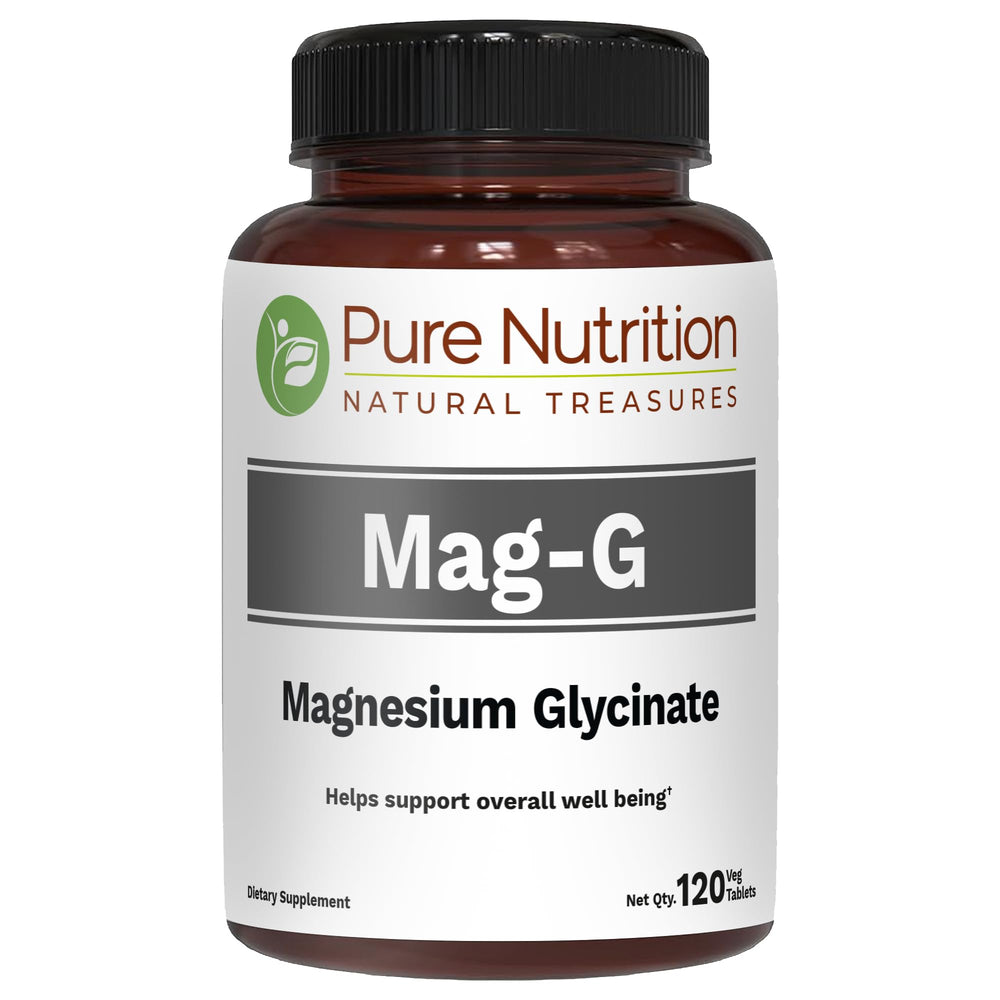Pure Nutrition MagG bottle close-up highlighting high absorption magnesium glycinate.