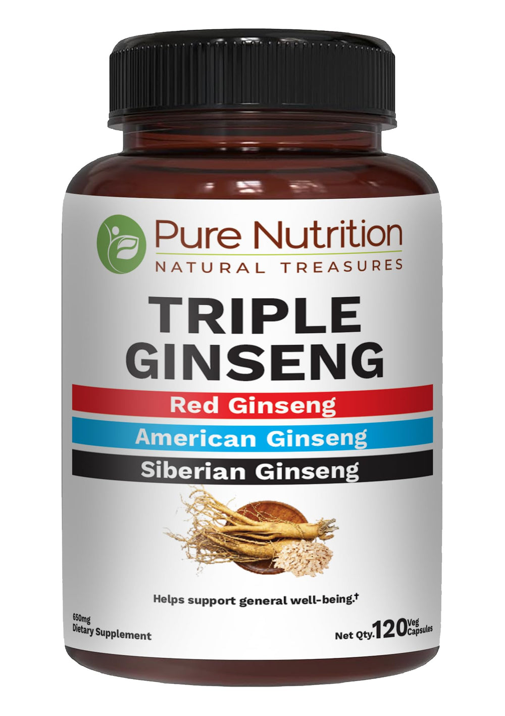 Pure Nutrition Natural Treasures Triple Ginseng bottle front, signaling daily energy support.