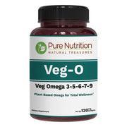 Pure Nutrition Natural Treasures vegan omega bottle front showing complete omega blend for daily support.