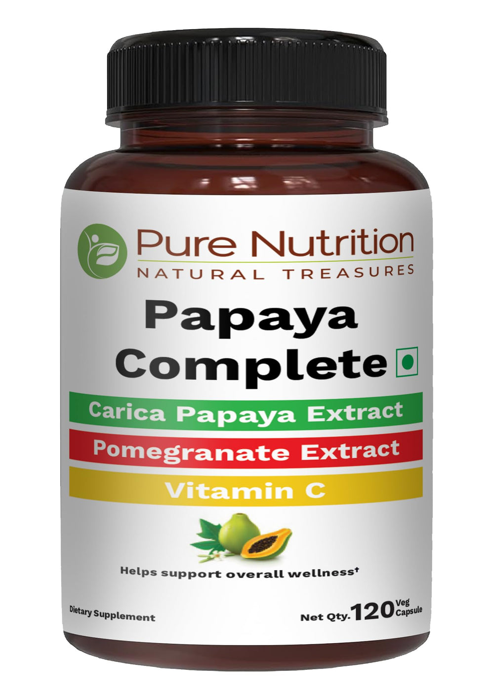 Pure Nutrition Papaya Complete bottle front highlighting natural ingredients for daily wellness and digestion support.