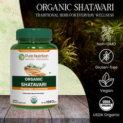 Pure Nutrition Shatavari tablets label closeup highlighting purity and organic quality