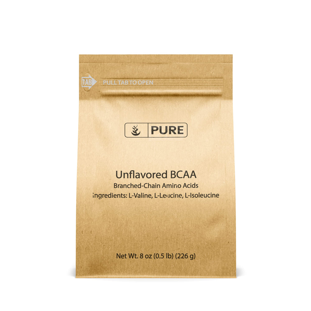 Pure Original Ingredients BCAA powder in an unflavored 8oz jar for versatile use in shakes.