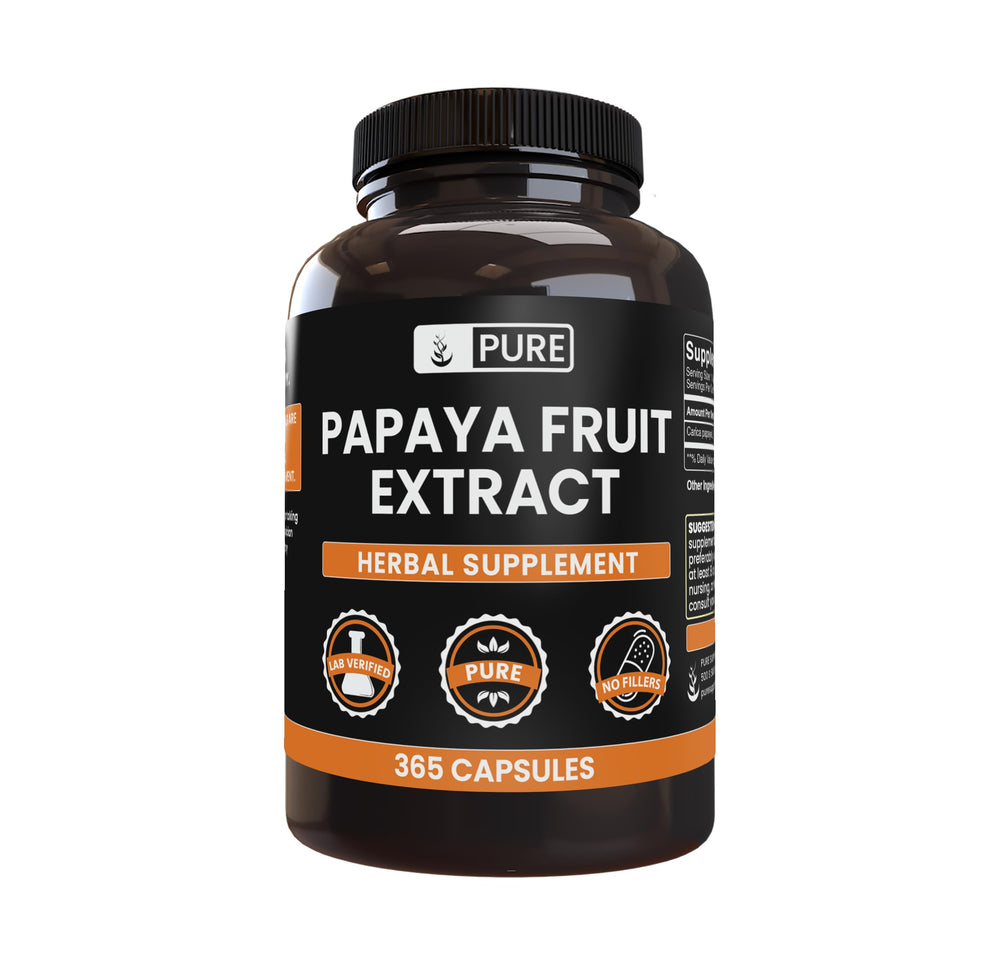 PURE ORIGINAL INGREDIENTS Papaya Extract bottle front with pure capsules for daily use