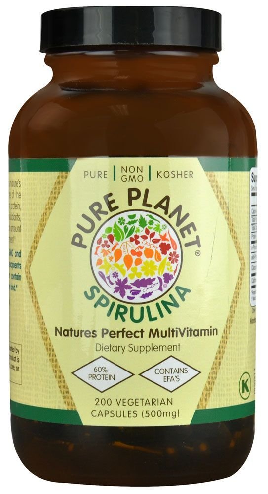 Pure Planet spirulina bottle; plant-based protein source and nutrient-dense daily supplement.