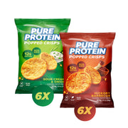 Pure Protein Popped Crisps variety-pack box showing 12-pack snack option