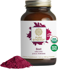 Glass of beet juice drink made with Pure Synergy powder for daily nutrition.