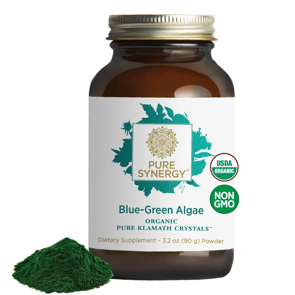 PURE SYNERGY Blue-Green Algae Powder bottle shows organic ingredients for daily energy.