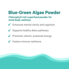 PURE SYNERGY Blue-Green Algae Powder label closeup highlights organic certification and purity.