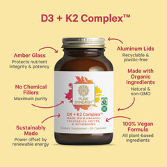 PURE SYNERGY D3 + K2 label detail with organic ingredients.
