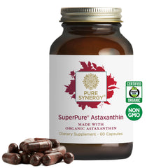 PURE SYNERGY SuperPure bottle front with organic astaxanthin for daily antioxidant support.