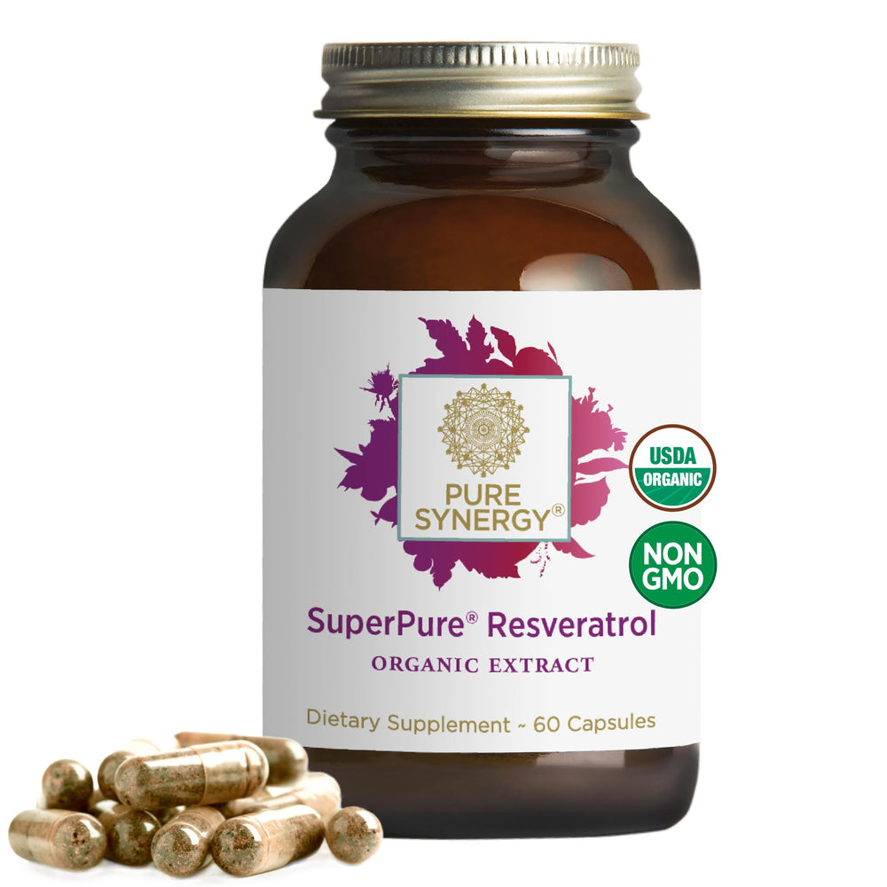 Pure Synergy SuperPure Resveratrol bottle front highlighting organic formula for healthy aging