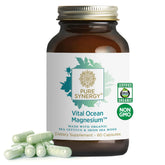 Pure Synergy Vital Ocean Magnesium bottle front promoting daily energy and restful nights.