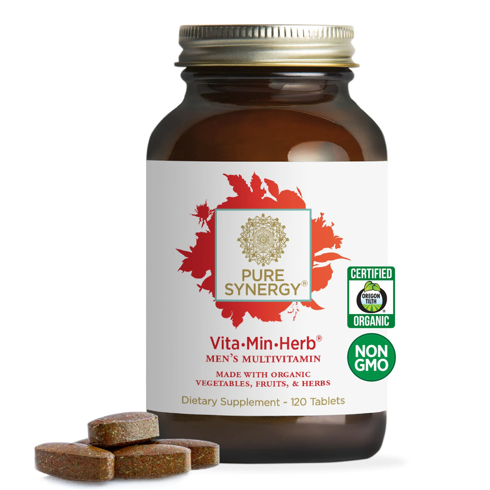 Pure Synergy Vita-Min-Herb for Men bottle closeup highlighting the organic formula for daily vitality